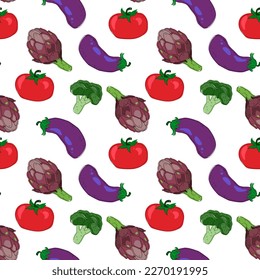 Seamless pattern with hand drawn colorful vegetables. Flat icons: broccoli, eggplant, artichoke and tomato. Vegetarian healthy food. Vegan, farm, organic, natural background