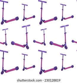 Seamless pattern with hand drawn colorful ornamental scooters on a white background. Clipping mask is used, vector illustration.