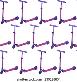 Seamless pattern with hand drawn colorful ornamental scooters on a white background. Clipping mask is used, vector illustration.