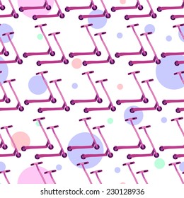 Seamless pattern with hand drawn colorful ornamental scooters on a white background with simple colorful circles. Clipping mask is used, vector illustration.