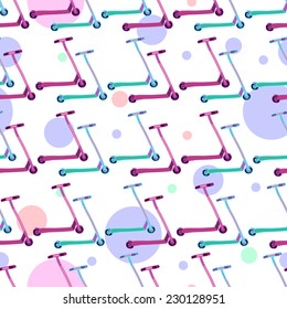 Seamless pattern with hand drawn colorful ornamental scooters on a white background with simple colorful circles. Clipping mask is used, vector illustration.