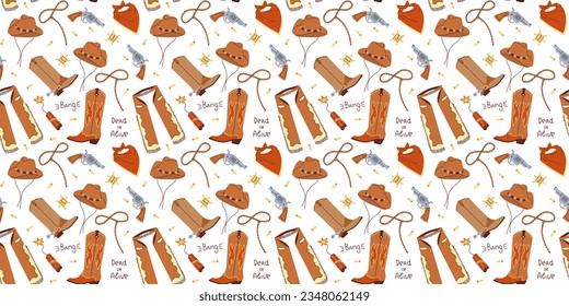 Nahtloses Muster mit handgezeichneten, bunten Cowboybekleidung auf weißem Hintergrund im flachen Cartoon-Stil. Stiefel, Bandana, Hut, Lasso, Pistole, Kappen. Wild-West-Konzept. Für Hintergrund, Verpackung, Textilien