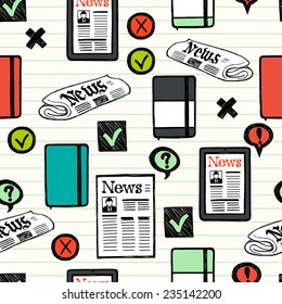 Seamless pattern with hand drawn colorful press and media symbols. Tiling background with doodle journalism icons.