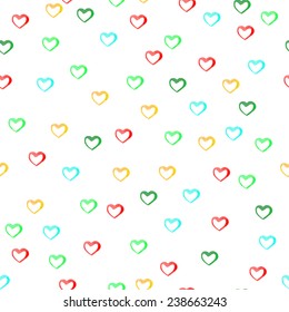 Seamless pattern with hand drawn colorful watercolor hearts. Clipping mask is used, vector illustration. 