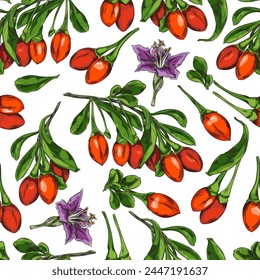 Seamless pattern with hand drawn colorful goji berries sketch style, vector illustration on white background. Decorative for wrapping and packaging, organic food product