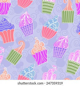 Seamless pattern with hand drawn colorful cupcakes with white contours on background with curls. Illustration of sweets in pastel blue, pink and mauve colors.