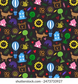 Seamless pattern of hand drawn colorful Charcoal Doodle baby shapes and squiggles in childish girly style. Pencil Drawings isolated on black Background. Balloon, tree, flower, heart and other doodle