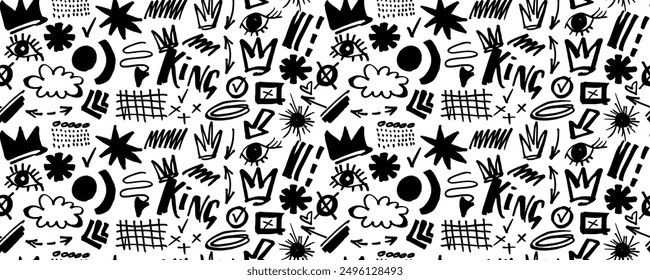 Seamless pattern of hand drawn colorful charcoal doodle shapes and squiggles in childish girly style. Pencil drawings isolated on the white. Crown, stars, flower heart and grid doodle collage elements