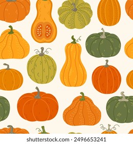 Patrón sin fisuras con calabazas coloridas dibujadas a mano. Fondo de otoño. Diseño de Antiguas para Halloween o Acción de Gracias. Vector plano ilustración vegetal.
