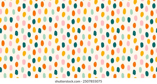 Seamless pattern, hand drawn colorful brush strokes. Doodle textured organic elements, dots, retro floral wrapping paper, small dashes.