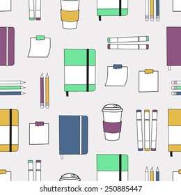 Seamless pattern with hand drawn colorful notebooks and creative symbols. Background with doodle office icons.