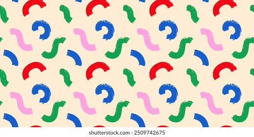 Seamless pattern, hand drawn colorful brush strokes. Doodle textured organic elements, curved lines and squiggle, wrapping paper.