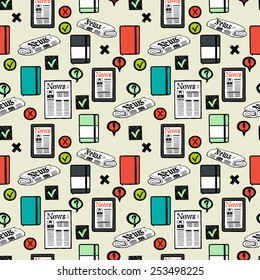 Seamless pattern with hand drawn colorful press and media symbols. Tiling background with doodle journalism icons.
