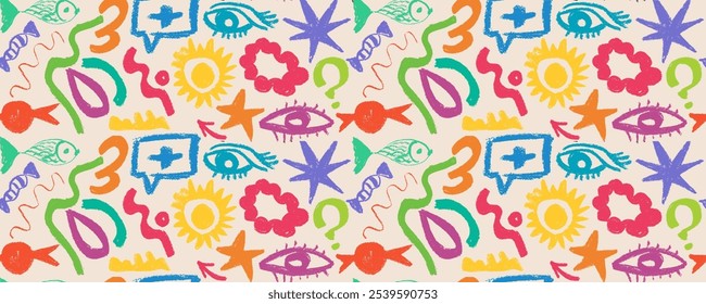 Patrón sin fisuras de Formas de garabatos de carbón de colores dibujados a mano y garabatos en estilo infantil femenino. Dibujos a lápiz aislados en blanco. 