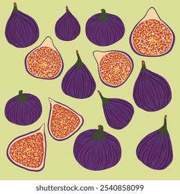 seamless pattern of hand drawn colorful figs on a green background.