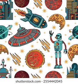 Seamless pattern with hand drawn colorful illustrations of retro future space planets and ships, rocket, alien, robot and objects isolated on white, science fiction and UFO concept