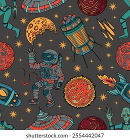 Seamless pattern with hand drawn colorful illustrations of retro future space planets and ships, rocket, alien, cosmonaut and objects, science fiction and UFO concept