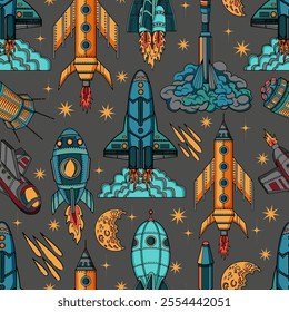 Seamless pattern with hand drawn colorful illustrations of retro future space planets and ships, rockets and objects, science fiction and UFO concept