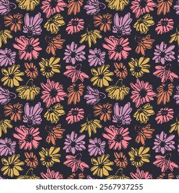 Seamless pattern with hand drawn colorful ditsy scribble flowers on brown background. Vintage inky bold florals repeat texture. Modern minimalist daisy blooms wallpaper.