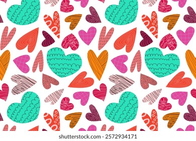 Seamless pattern with hand drawn colorful hearts with grunge textures, lines and doodles. Perfect for Valentine's Day, mother's day, birthday, wedding. Vector illustration