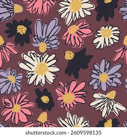 Seamless pattern with hand drawn colorful ditsy scribble flowers on brown background. Vintage inky bold florals repeat texture. Modern minimalist daisy blooms wallpaper.