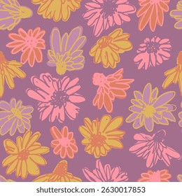 Padrão contínuo com desenhado à mão colorido ditsy rabiscar flores no fundo azul escuro. Vintage inky negrito florais repetir textura. Moderno minimalista daisy blooms papel de parede.