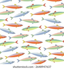 Padrão contínuo com sardinhas coloridas desenhadas à mão. Fundo marinho lúdico. Papel de parede de frutos do mar mediterrâneo. Ilustração do oceano náutico para cozinha, embalagem, tecido costeiro de verão.