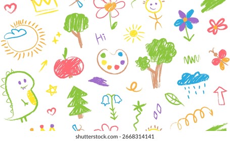 Modelo inconsútil con los garabatos coloridos dibujados a mano de los niños en estilo del crayón. Dinosaurio, árboles, manzana, mariposa, sol, flores. Vector dibujos de niños, bocetos con textura de tiza, fondo, Fondo de pantalla.