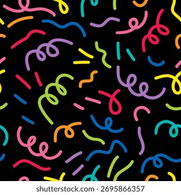 Nahtloses Muster mit handgezeichneten bunten Konfetti-Doodle-Elementen auf schwarzem Hintergrund. Festliches, verspieltes und modernes Design für Feiern. Festlicher Konfetti-Print, Geburtstagsverpackungspapier.