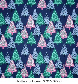 Nahtloses Muster von handgezeichneten bunten Weihnachtsbaum auf marineblauem Hintergrund