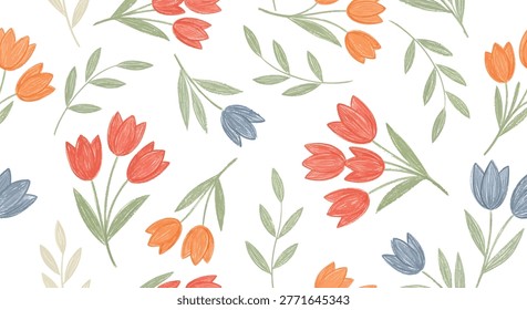 Seamless pattern with hand drawn colorful tulips and leaves in crayon texture style