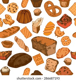 Seamless pattern with hand drawn colorful bakery: bread, buns, scone, cookies, pretzel, cake, pie. Vector illustration