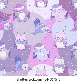 Seamless pattern. Hand drawn colorful optimistic cheerful, funny, happy and amusing owls in scarfs, Christmas caps and sweaters.
Christmas elements. New Year's and winter pattern. Vector illustration.