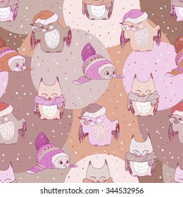 Seamless pattern. Hand drawn colorful optimistic cheerful, funny, happy and amusing owls in scarfs, Christmas caps and sweaters.
Christmas elements. New Year's and winter pattern. Vector illustration.