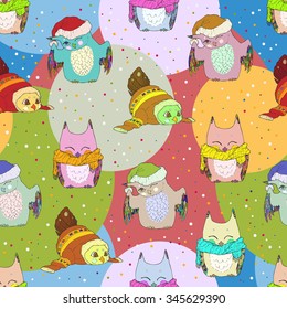 Seamless pattern. Hand drawn colorful optimistic cheerful, funny, happy and amusing owls in scarfs, Christmas caps and sweaters. Christmas elements. New Year's and winter pattern. Vector illustration.