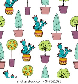 Seamless pattern with hand drawn colorful sketch of different plants in pot for street or home decoration: orange tree, cactus, thuja, asian bonsai tree. Vector stock. funny kids style. Wrapping paper