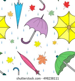 Seamless Pattern of Hand Drawn Colorful Autumn Umbrellas, Leaves and Drops. Perfect for Print. Vector illustration.