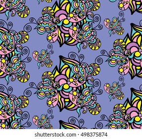 Seamless pattern with hand drawn colorful doodled ornaments. Vector illustration.