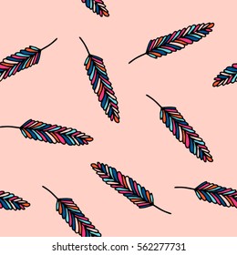 Seamless pattern with hand drawn colorful feathers