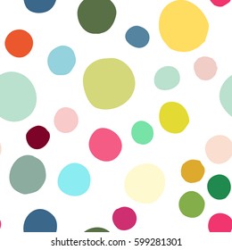 Seamless pattern with hand drawn colorful scattered confetti spots. Design for banner, poster, apparel design. Vector illustration in pink, yellow, blue, green, red, white colors.