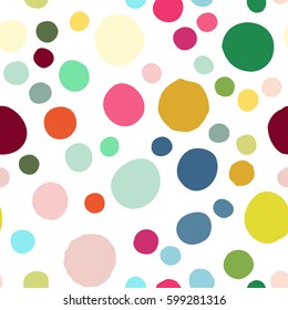Seamless pattern with hand drawn colorful scattered confetti spots. Design for banner, poster, apparel design. Vector illustration in pink, yellow, blue, green, red, white colors.
