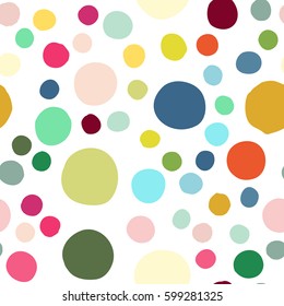 Seamless pattern with hand drawn colorful scattered confetti spots. Design for banner, poster, apparel design. Vector illustration in pink, yellow, blue, green, red, white colors.