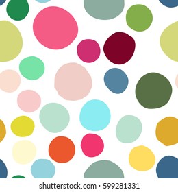 Seamless pattern with hand drawn colorful scattered confetti spots. Design for banner, poster, apparel design. Vector illustration in pink, yellow, blue, green, red, white colors.