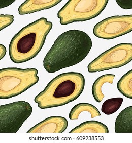 Seamless pattern with hand drawn  colorful engraved avocado isolated on white background. Art vector illustration.