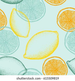 Seamless pattern with hand drawn colorful lemons and lemon slice