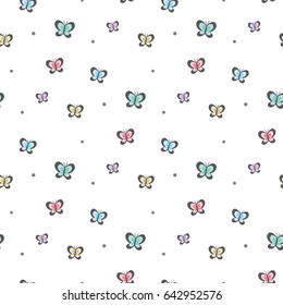 Seamless Pattern of Hand Drawn Colorful Butterflies on White Background