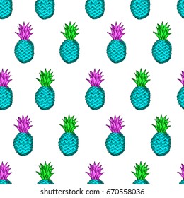 Seamless pattern from the hand drawn colorful pineapples on the white background. Vector illustration.