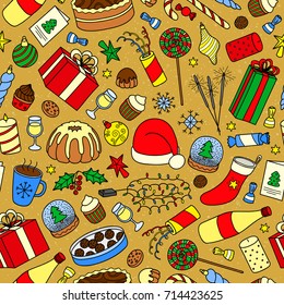 Seamless pattern with hand drawn colorful Christmas and New Year items.