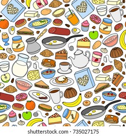 Seamless pattern with hand drawn colorful buffet style breakfast dishes.