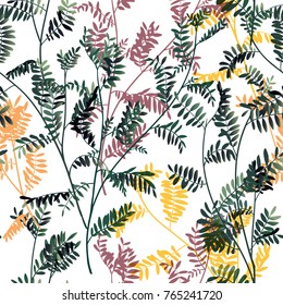 Seamless pattern, hand drawn colorful leaves, floral garden on white background